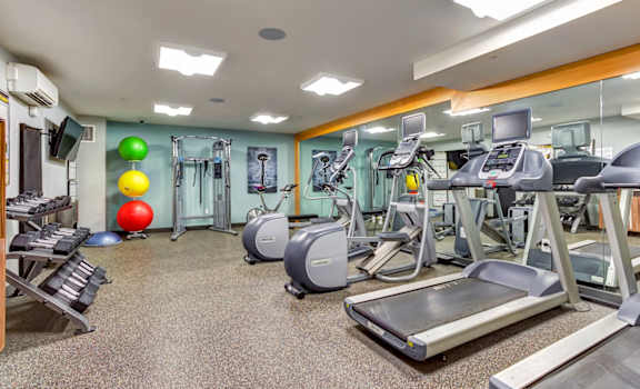 a room filled with lots of cardio equipment and weights