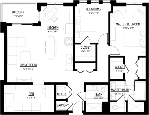 Floor Plan  2 Bed 2 Bath X Floor Plan at Courthouse Square Apartments, Wheaton, IL