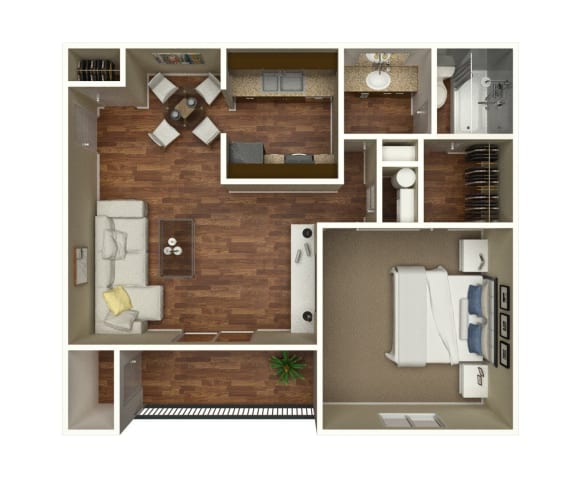 a 3d rendering of our one bedroom apartment at princeton court apartments in dallas