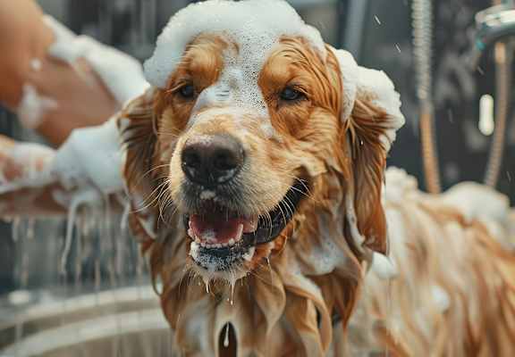 A dog is being bathed in a shower.