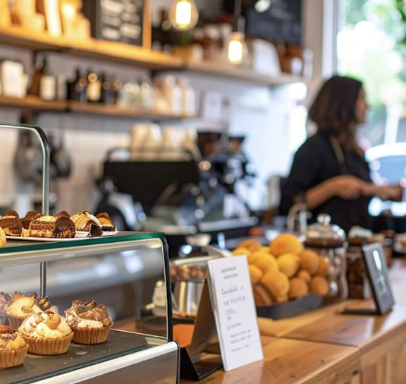 Two women are standing behind a counter with a display of pastries.