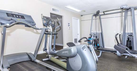 two treadmills and other exercise equipment in a gym