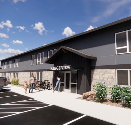 A rendering of a modern building with the name "RANGE VIEW" on the front.