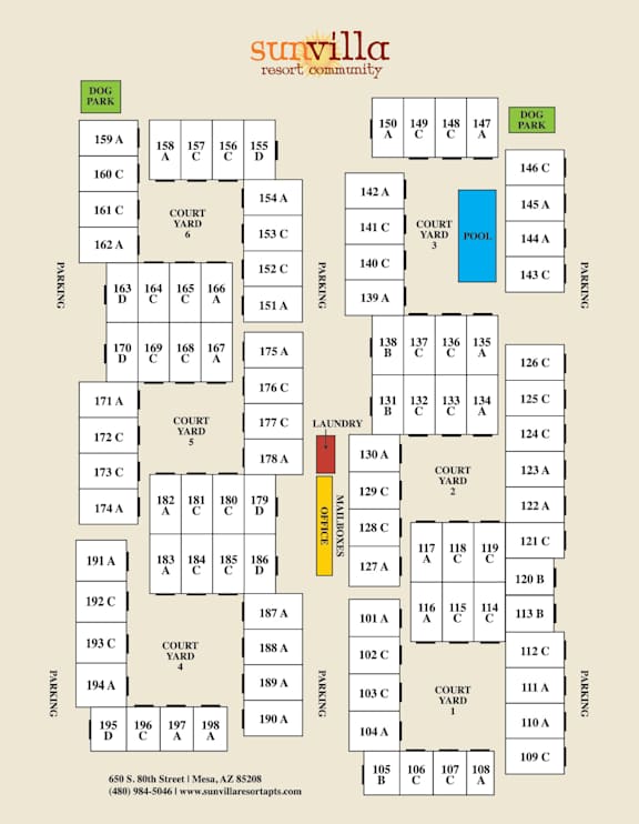 A map of Sunvilla resort community with various labeled areas and avenues.