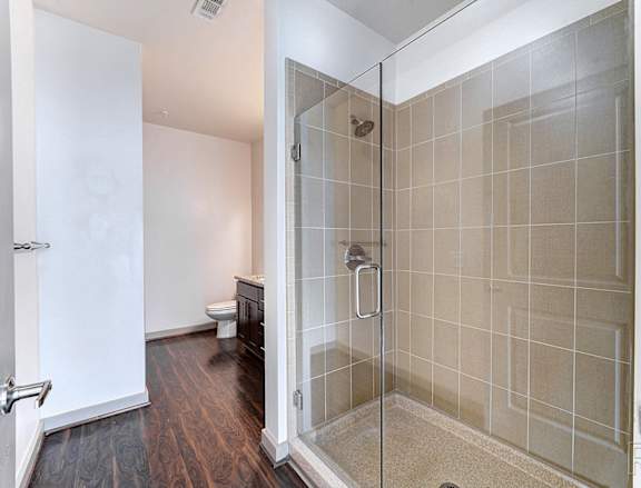 A bathroom with a walk in shower and a toilet.