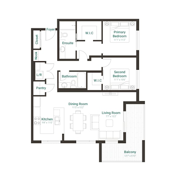 A black and white floor plan of an apartment with a living room, dining room, kitchen, two bedrooms, a bathroom, and a balcony.