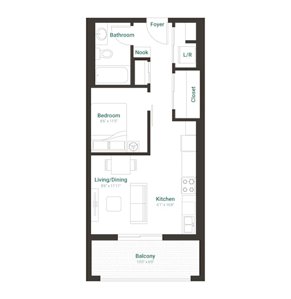 A floor plan of an apartment with a bedroom, living room, kitchen, bathroom, and balcony.