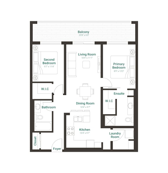A floor plan of a home with a living room, dining room, kitchen, and two bedrooms.