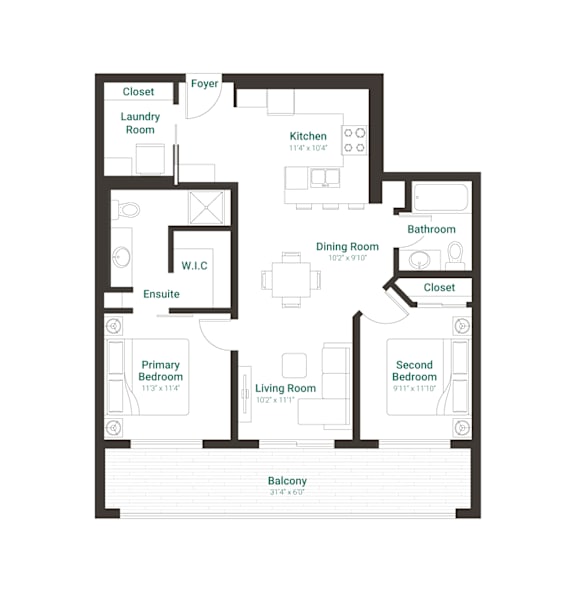 A floor plan of a house with a living room, dining room, kitchen, two bedrooms, and a laundry room.