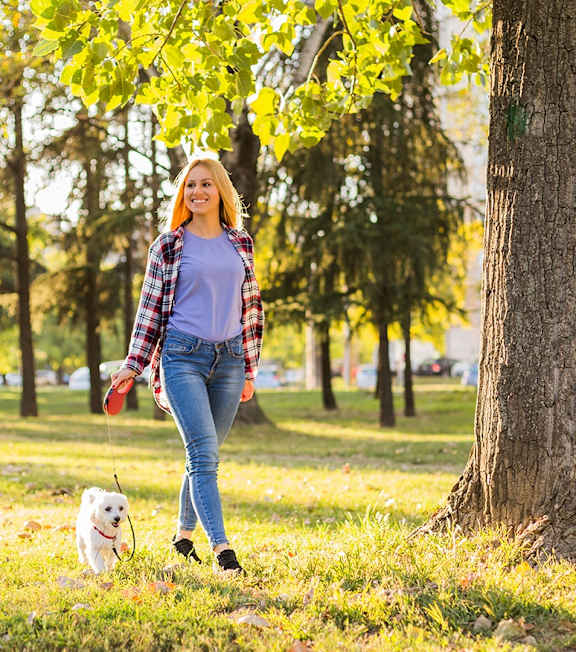 A woman is walking her dog in a park.