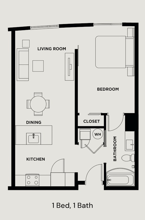 A black and white diagram of a 1 bedroom, 1 bathroom apartment.