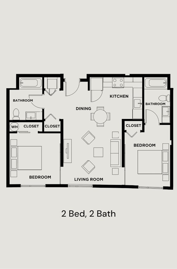A floor plan of a 2 bedroom, 2 bathroom apartment.