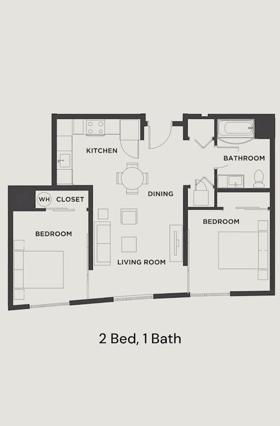 A floor plan of a 2 bedroom, 1 bathroom apartment.