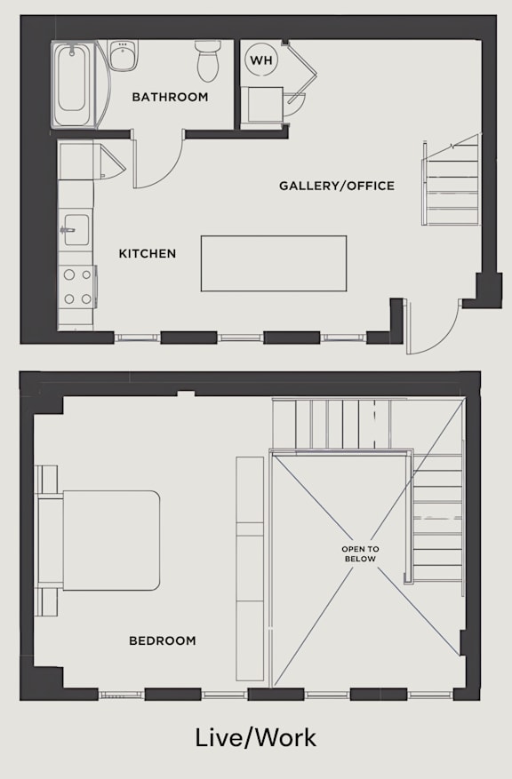 A floor plan of a Live/Work space showing a bedroom, kitchen, bathroom, and gallery/office.