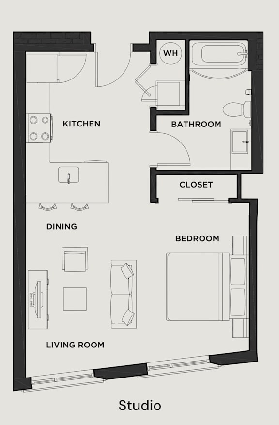 A black and white floor plan of a studio apartment.