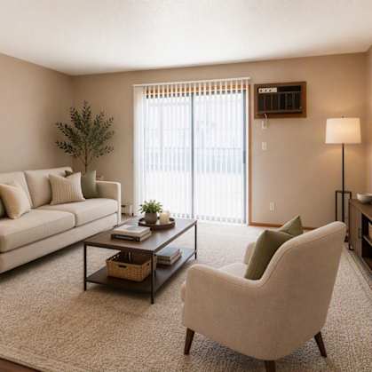 A living room with a white sofa, a white chair, a coffee table, and a flat screen TV.