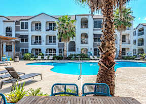 A pool surrounded by chairs and a palm tree in front of a building.