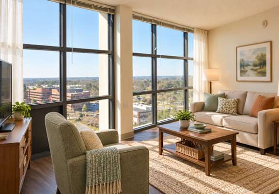 A living room with a chair, a couch, a coffee table, and a view of the city.