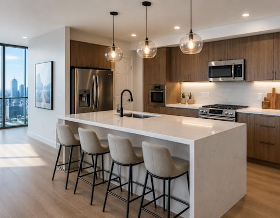 A modern kitchen with a large island and bar stools.