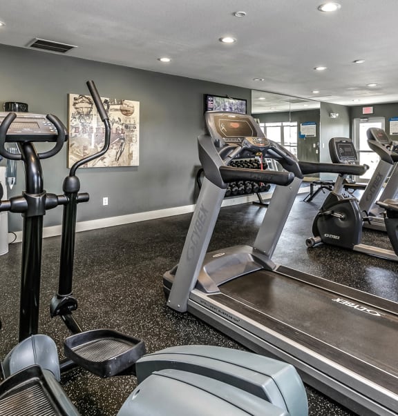 a gym with treadmills and other exercise equipment