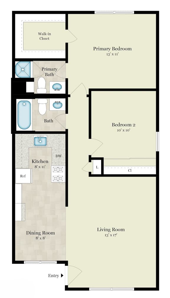 A floor plan of a house with a total estimated square footage of 905.