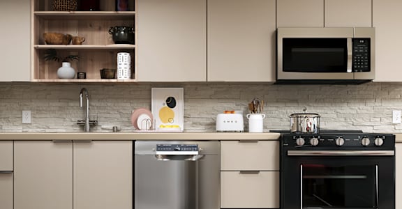 A modern kitchen with a stainless steel dishwasher and oven.