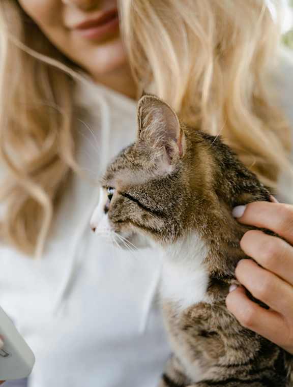 A woman is holding a cat in her arms.