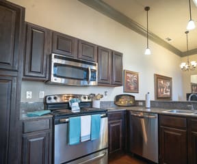 a kitchen with stainless steel appliances and black cabinets