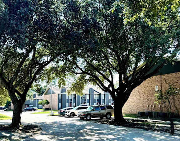 A parking lot with cars and trees in front of a building.