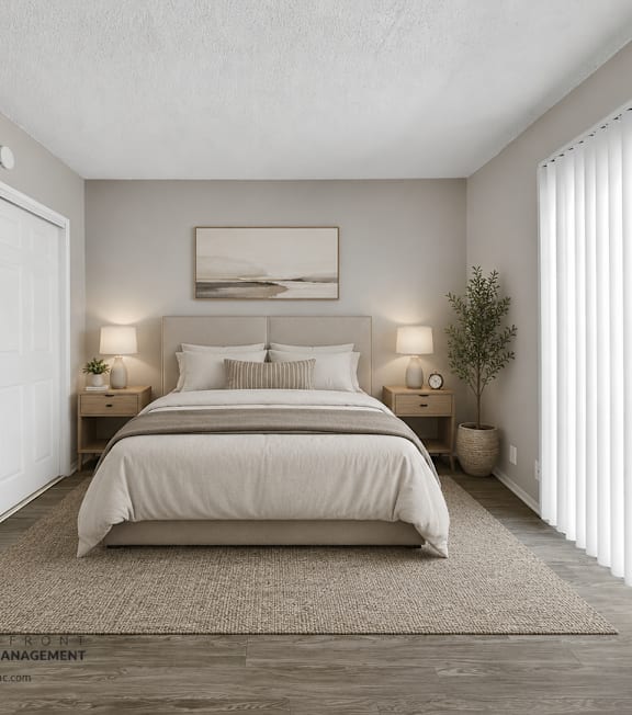 A well-lit bedroom with a large bed and a painting on the wall.