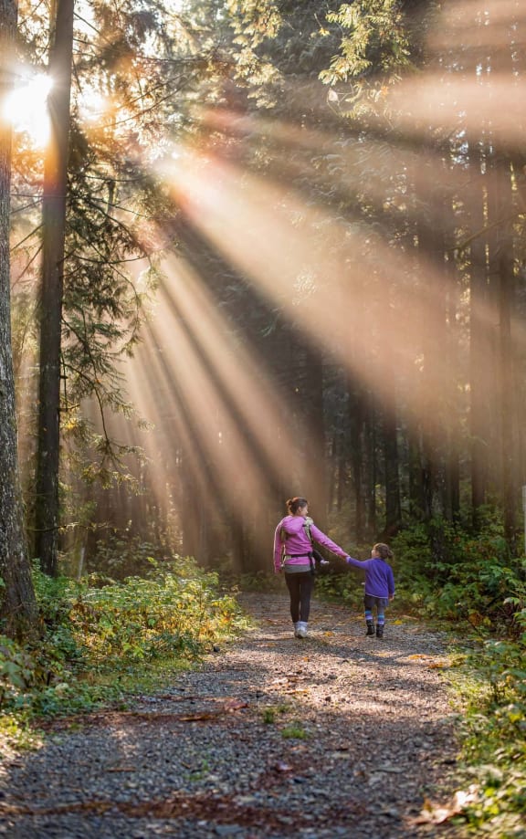 a woman and a child walking down a path in the woods