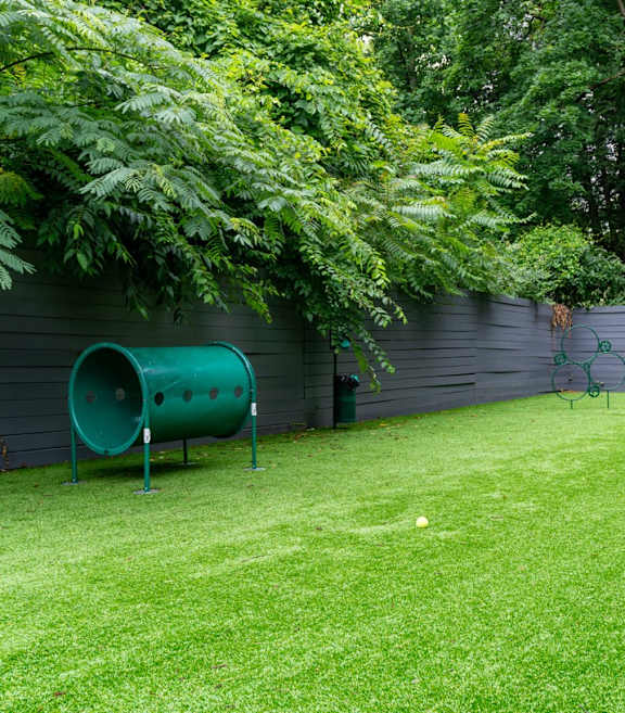 A green pipe sits on a lawn next to a wall.