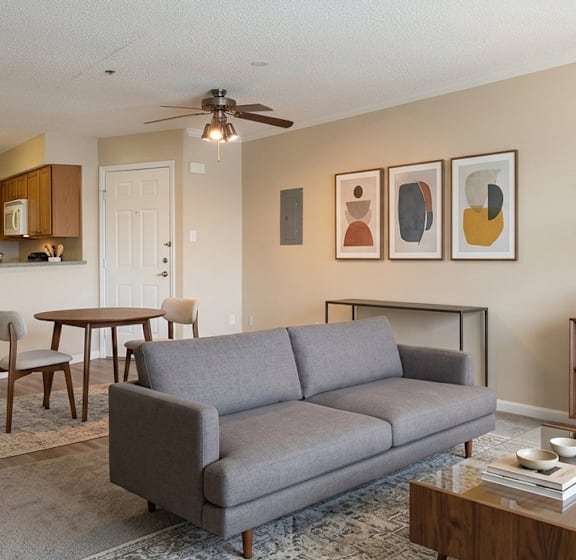 A living room with a grey couch, a coffee table, a bookshelf, and a ceiling fan.