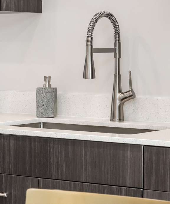 A modern kitchen sink with a chrome faucet and soap holder.