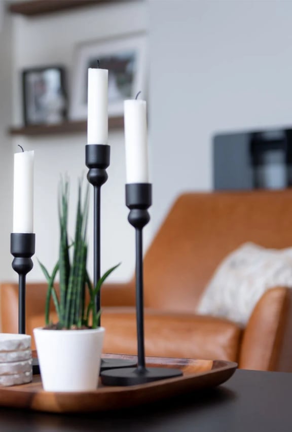 a tray with candles and a plant on a table in a living room