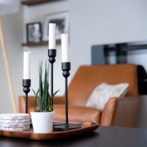 A table with a plate of cheese, a candle holder with three candles, and a potted plant.