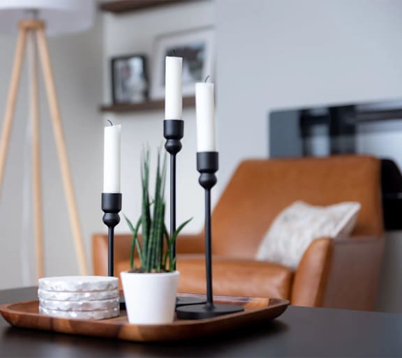 A table with a plate of cheese, a candle holder with three candles, and a potted plant.