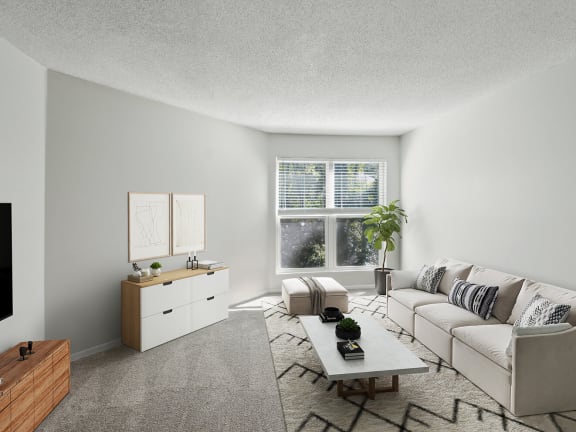 Model Living Room with Carpet and Window View at Arbor Village Apartments located in Charlotte, NC-LRGAM.