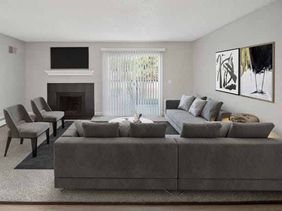 Model living room at Waterfront Apartments in Lakewood, Colorado
