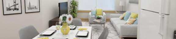 A modern dining room with a white table set for four.