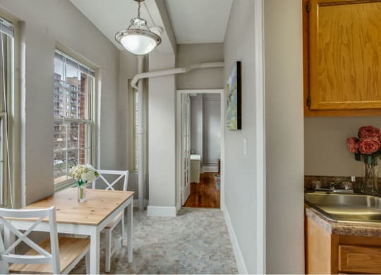 One-bedroom dining area (staged) at Belvedere, Washington