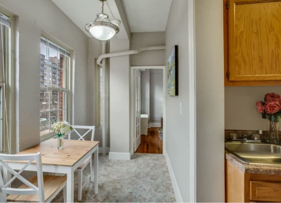 One-bedroom dining area (staged) at Belvedere, Washington