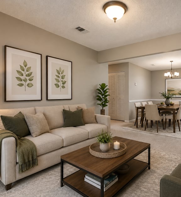 A dining room with a table set for two and a kitchen in the background at The Vistas, Macon, GA
