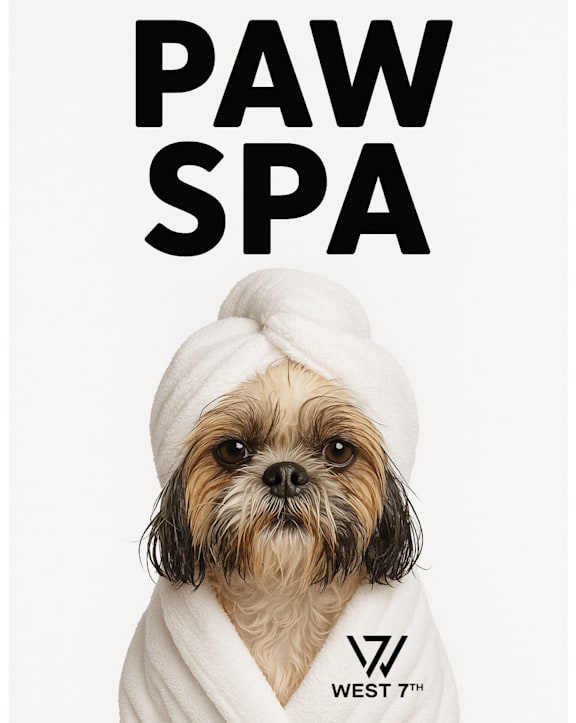 W7th Pets Welcome A dog wearing sunglasses and a shirt with the text