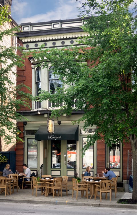 Outdoor seating at the Bouquet restaurant in Covington, KY in Mainstrasse Village