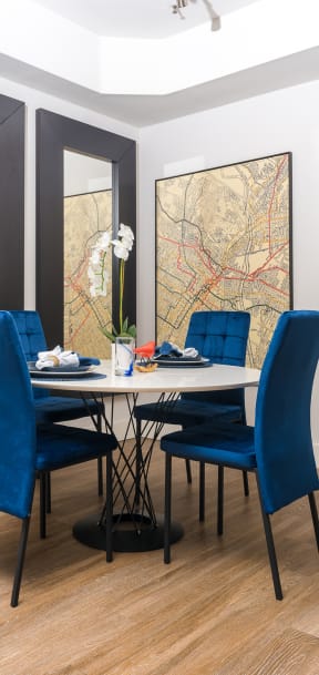Artistic Finished Dining Room at The Preston Miracle Mile Apartments, Los Angeles, California