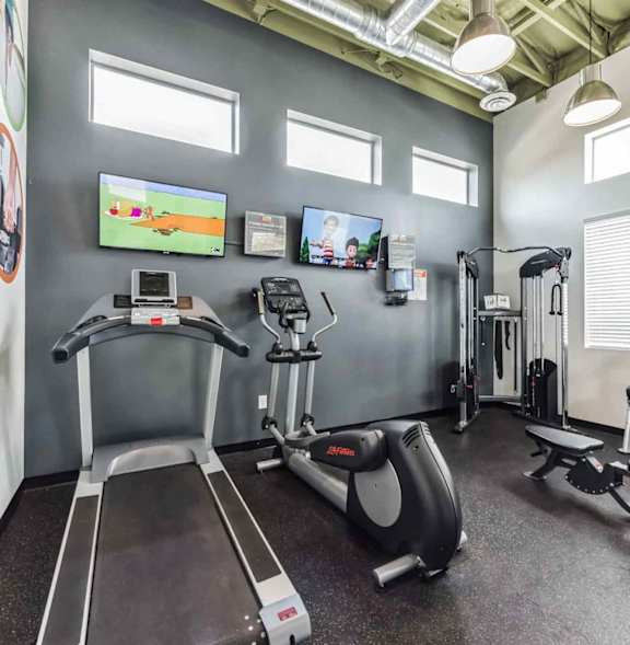 A gym with treadmills, exercise bikes, and other equipment.
