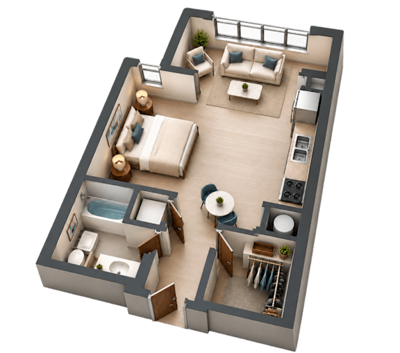 A 3D image of a modern apartment layout with a living room, kitchen, and bedrooms.