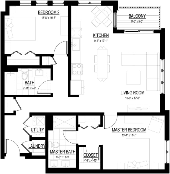 2 Bed 2 Bath S Floor Plan at Courthouse Square Apartments, Illinois, 60187