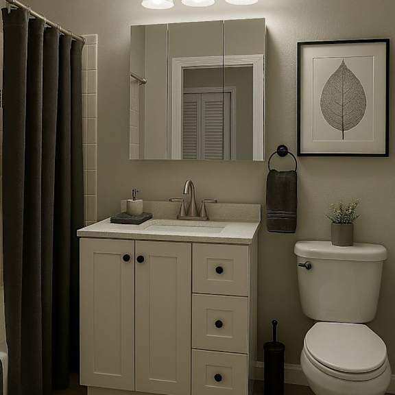 A modern bathroom with shower, sink, mirror, and toilet.